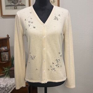Vintage Cream Beaded Floral Cardigan Angora Cashmere Silk Grannycore Sweater S